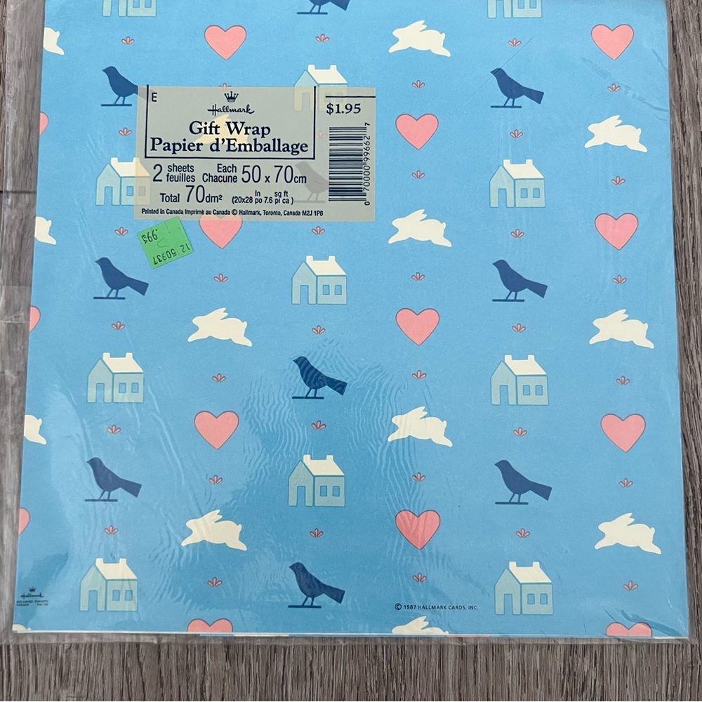 Vintage Hallmark Blue Gift Wrap with Hearts and Birds